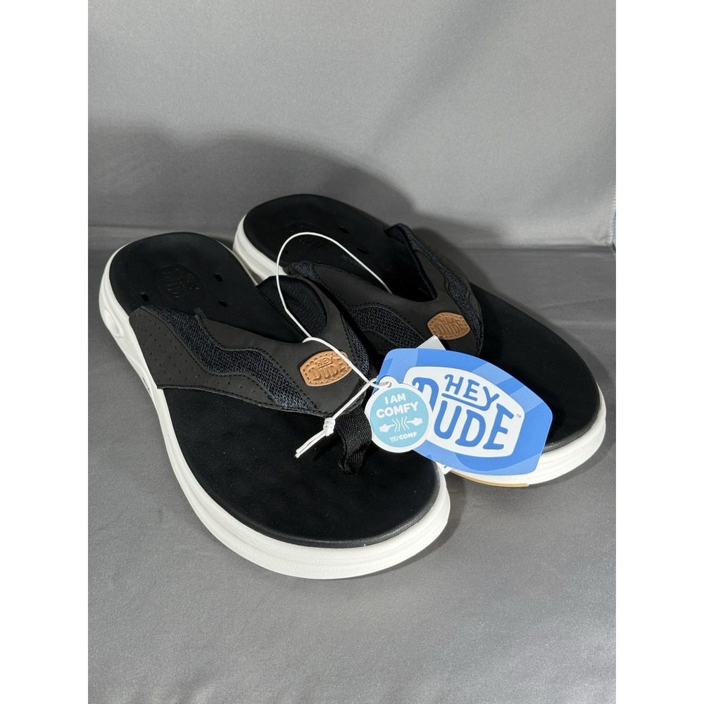 Hey Dude Hey20 Flip Flop Mesh Mens 11 White/Black Thong Slip On Sandal New
